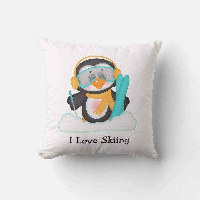 Penguin Skiing Kussen (Voorkant)
