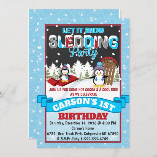 Penguin Sledding verjaardagsfeestje uitnodiging (Voorkant / Achterkant)