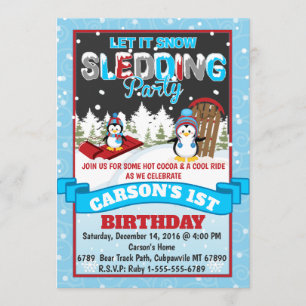 Penguin Sledding verjaardagsfeestje uitnodiging