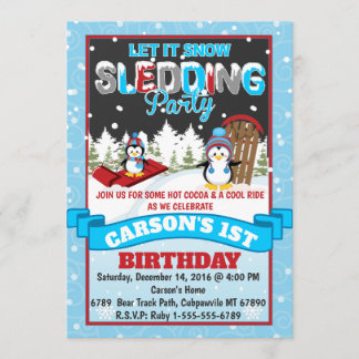 Penguin Sledding verjaardagsfeestje uitnodiging
