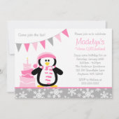 Penguin Snowflakes Pink Winter Onederland Birthday Kaart (Voorkant)