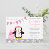Penguin Snowflakes Pink Winter Onederland Birthday Kaart (Staand voorkant)