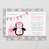 Penguin Snowflakes Pink Winter Onederland Birthday Kaart (Voorkant / Achterkant)