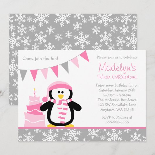 Penguin Snowflakes Pink Winter Onederland Birthday Kaart (Voorkant / Achterkant)
