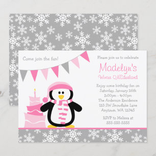Penguin Snowflakes Pink Winter Onederland Birthday Kaart