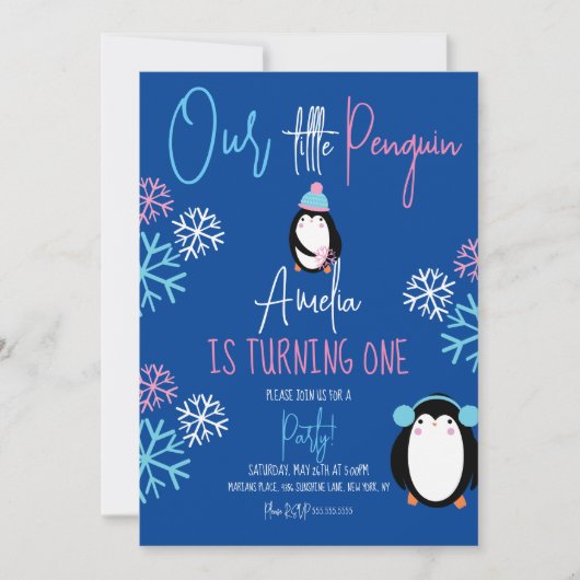 Penguin Snowflakes Roze Blauw 1e verjaardag Kaart (Voorkant)