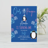 Penguin Snowflakes Roze Blauw 1e verjaardag Kaart (Staand voorkant)