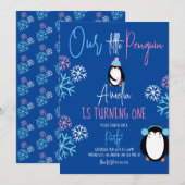 Penguin Snowflakes Roze Blauw 1e verjaardag Kaart (Voorkant / Achterkant)