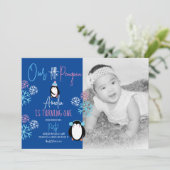 Penguin Snowflakes Roze Blauw foto van de eerste v Kaart (Staand voorkant)