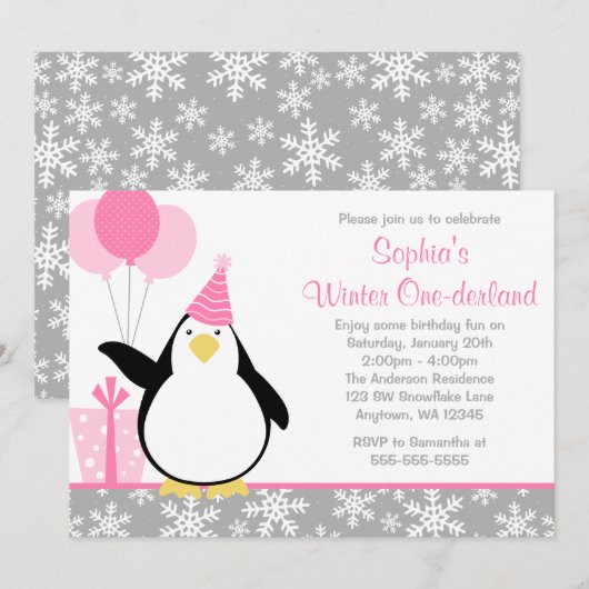 Penguin Snowflakes Winter Onederland Birthday Kaart (Voorkant / Achterkant)