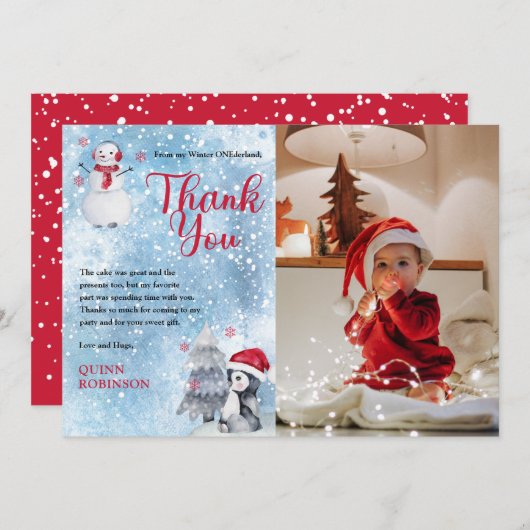 Penguin Snowman ONEderland 1st Birthday Dank u Bedankkaart (Voorkant / Achterkant)