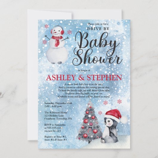 Penguin | Snowman Winter Drive by Boy Baby shower Kaart (Voorkant)