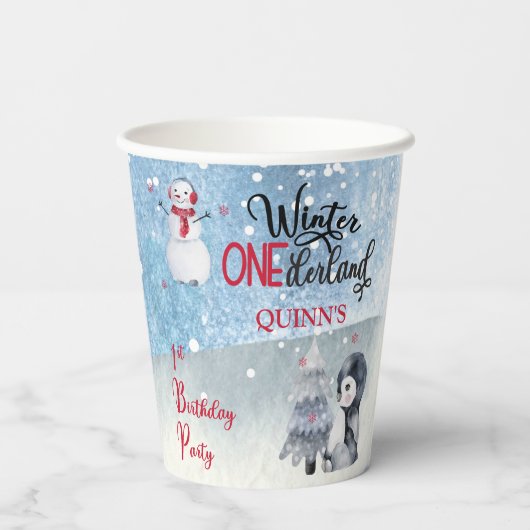 Penguin | Snowman Winter ONEderland 1e verjaardag Papieren Bekers (Achterkant)