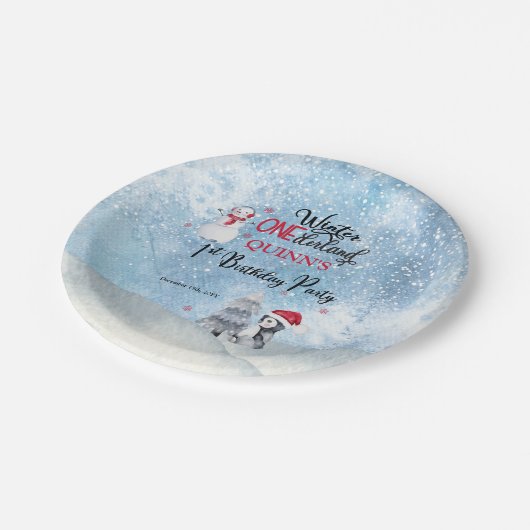 Penguin | Snowman Winter ONEderland 1e verjaardag Papieren Bordje (Gekanteld)