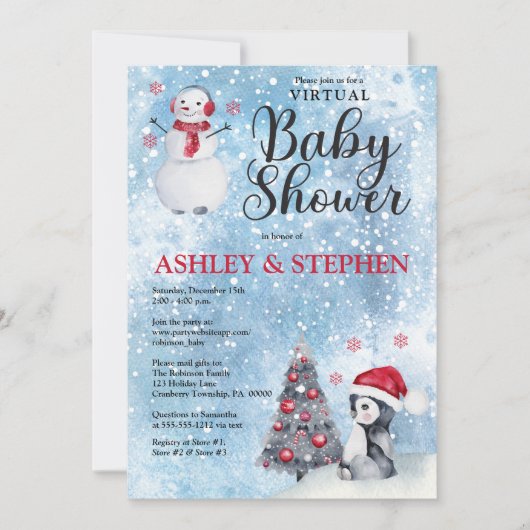 Penguin Snowman Winter Virtual Boy Baby shower Kaart (Voorkant)