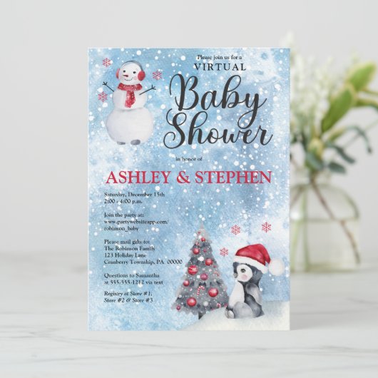 Penguin Snowman Winter Virtual Boy Baby shower Kaart (Staand voorkant)