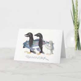 Penguin Teamwork tekenen op notitiekaarten