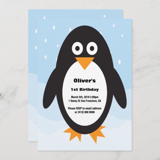 Penguin themed verjaardagsuitnodiging kaart (Voorkant / Achterkant)