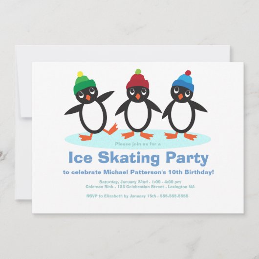 Penguin Trio boys Ice Skating Birthday Party Kaart (Voorkant)