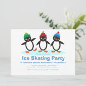Penguin Trio boys Ice Skating Birthday Party Kaart (Staand voorkant)