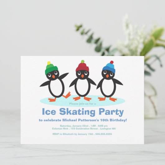 Penguin Trio boys Ice Skating Birthday Party Kaart (Staand voorkant)