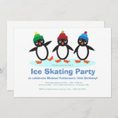 Penguin Trio boys Ice Skating Birthday Party Kaart (Voorkant / Achterkant)