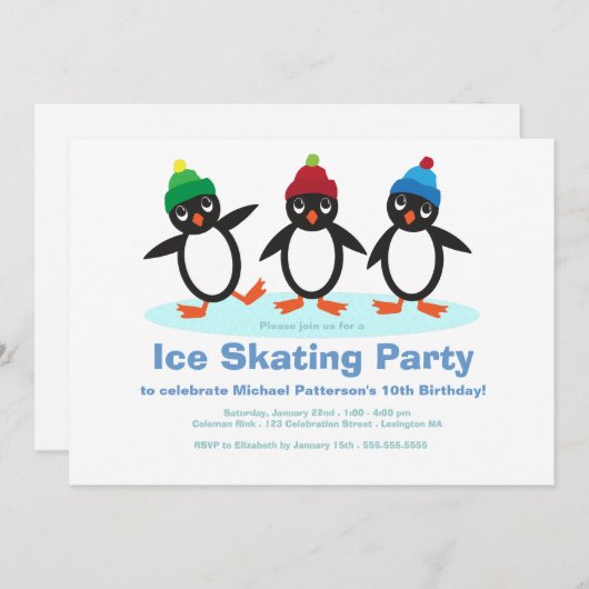 Penguin Trio boys Ice Skating Birthday Party Kaart (Voorkant / Achterkant)