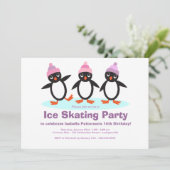 Penguin Trio Girls Ice Skating Birthday Party Kaart (Staand voorkant)