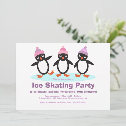 Penguin Trio Girls Ice Skating Birthday Party Kaart (Staand voorkant)