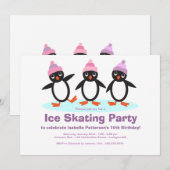 Penguin Trio Girls Ice Skating Birthday Party Kaart (Voorkant / Achterkant)