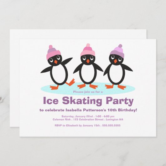 Penguin Trio Girls Ice Skating Birthday Party Kaart (Voorkant / Achterkant)