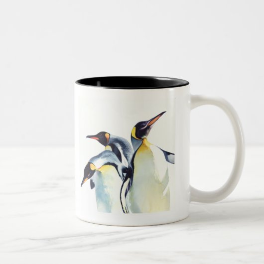"Penguin Trio" Wilde Waterverf Kunst Tweekleurige Koffiemok (Rechts)