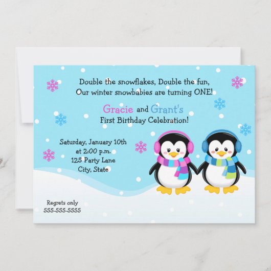 Penguin Twins Birthday Invitation, Boy/Girl Kaart (Voorkant)