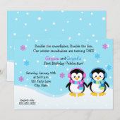 Penguin Twins Birthday Invitation, Boy/Girl Kaart (Voorkant / Achterkant)