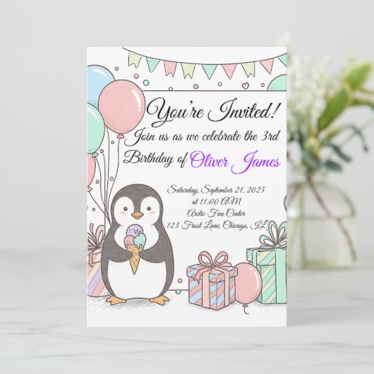 Penguin verjaardagsuitnodiging - Schattigee Kinder Kaart (Staand voorkant)