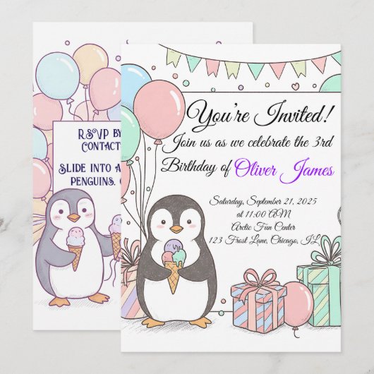 Penguin verjaardagsuitnodiging - Schattigee Kinder Kaart (Voorkant / Achterkant)