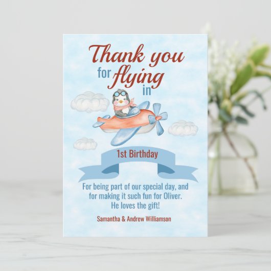 Penguin Vliegtuig Blauw 1e Verjaardag Bedankkaart (Staand voorkant)