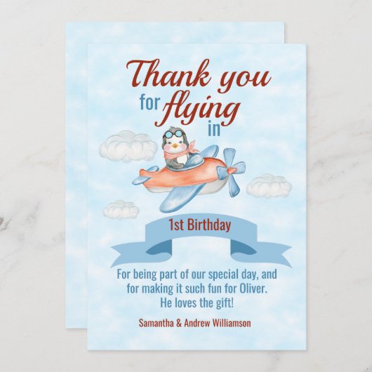 Penguin Vliegtuig Blauw 1e Verjaardag Bedankkaart (Voorkant / Achterkant)