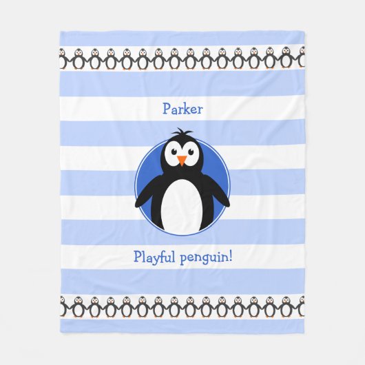 Penguin voegt naam blauwe witte strepen toe fleece deken (Voorkant)