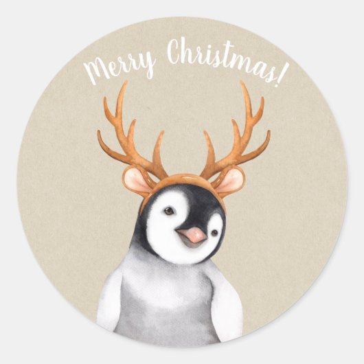 Penguin Wearing Reindeer Antlers Holiday Kerstmis Ronde Sticker (Voorkant)