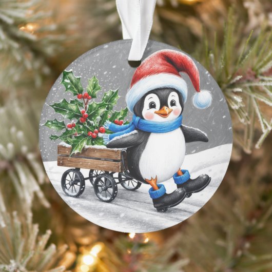 Penguin Wearing Santa hat Christmas Art  Ornament (Boom)