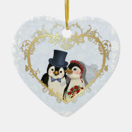 Penguin Wedding Heart - Achtergrondtekst aanpassen Keramisch Ornament (Voorkant)