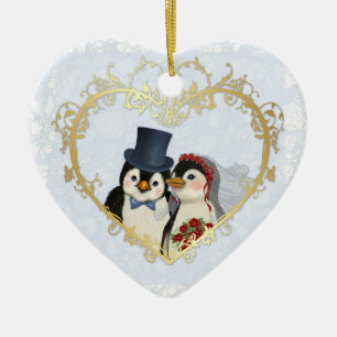 Penguin Wedding Heart - Achtertekst aanpassen Keramisch Ornament