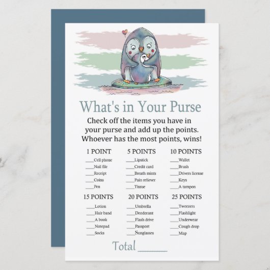 Penguin What's in your purse game baby shower (Voorkant / Achterkant)