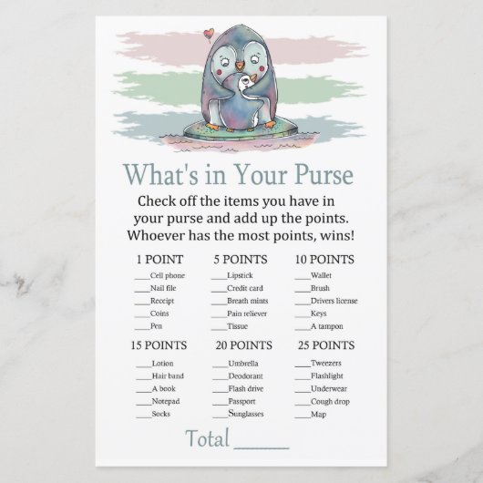Penguin What's in your purse game baby shower (Voorkant)