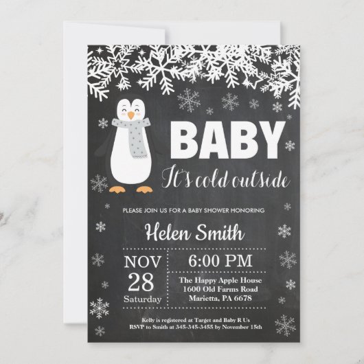 Penguin Winter Baby shower Chalkboard Uitnodiging (Voorkant)