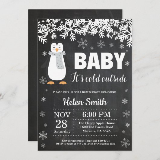 Penguin Winter Baby shower Chalkboard Uitnodiging (Voorkant / Achterkant)