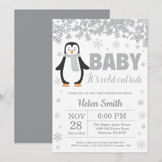 Penguin Winter Baby Shower Sneeuwvlok Uitnodiging (Voorkant / Achterkant)