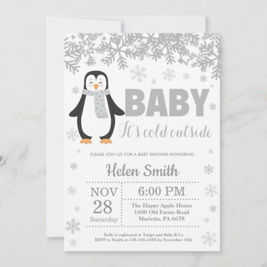 Penguin Winter Baby shower Snowflake Uitnodiging (Voorkant)