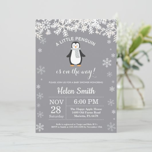 Penguin Winter Baby shower Snowflake Uitnodiging (Staand voorkant)